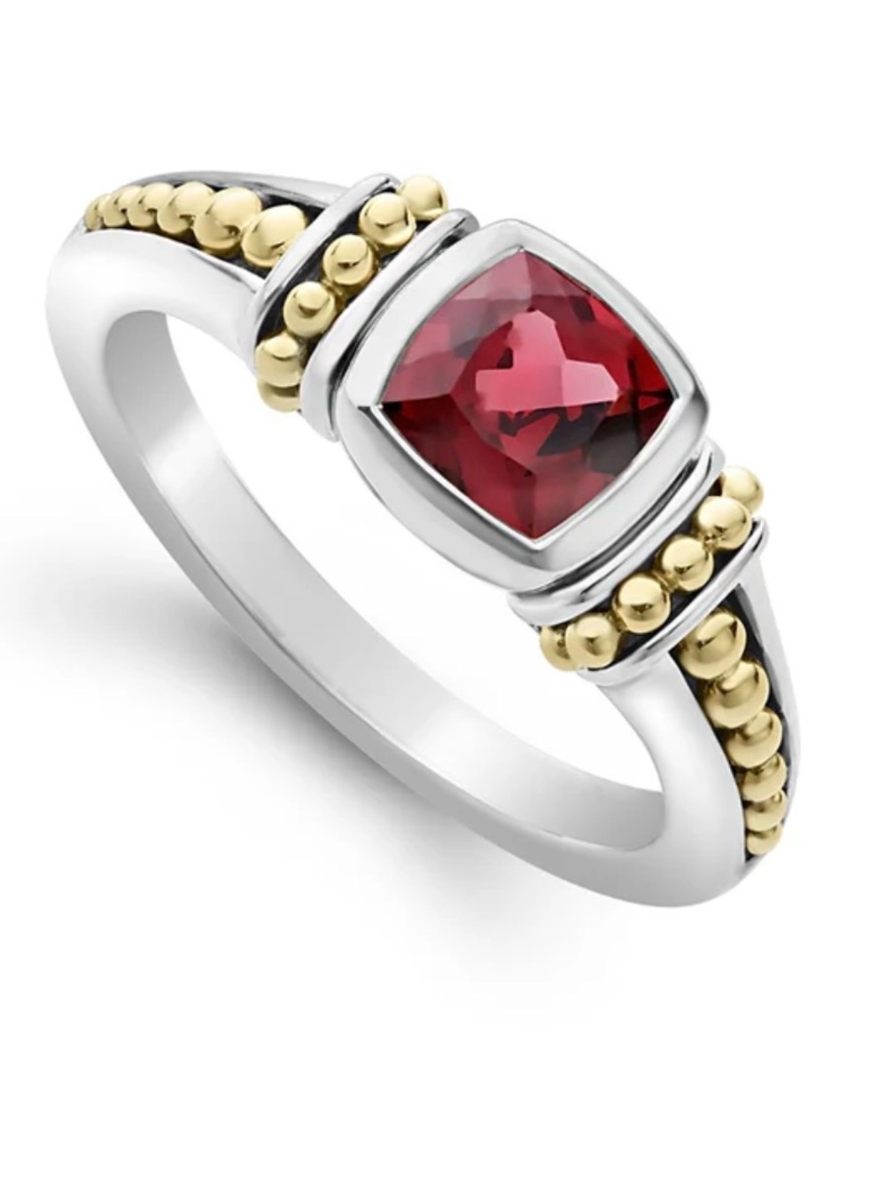 LAGOS Two-Tone Silver Ring with garnet Cushion Gemstone